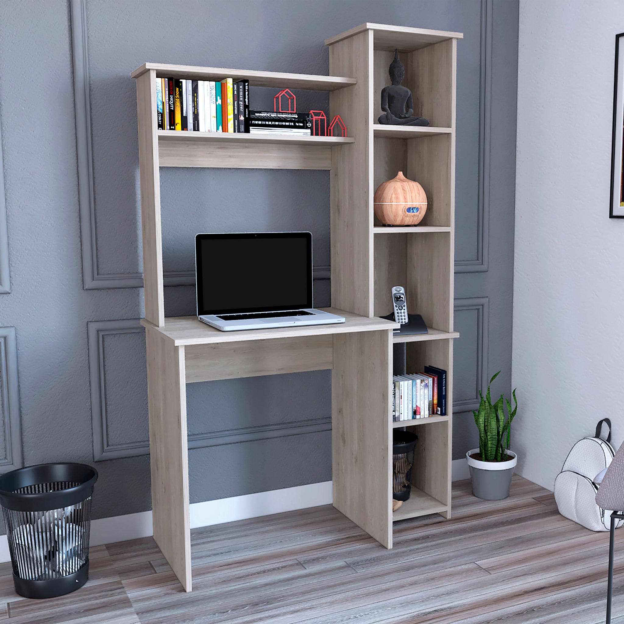 Versalles Writintg Desk, Two Superior Shelves, Five Cubbies Light Gray Gray Particle Board Particle Board