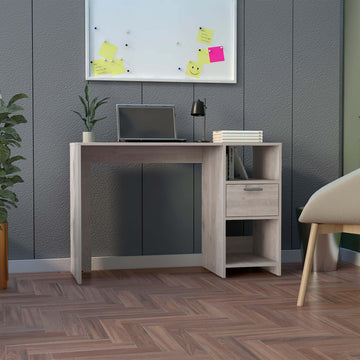 Naxos Computer Desk With 1 Drawer And 2 Open Storage Shelves, Light Gray Gray Particle Board Particle Board