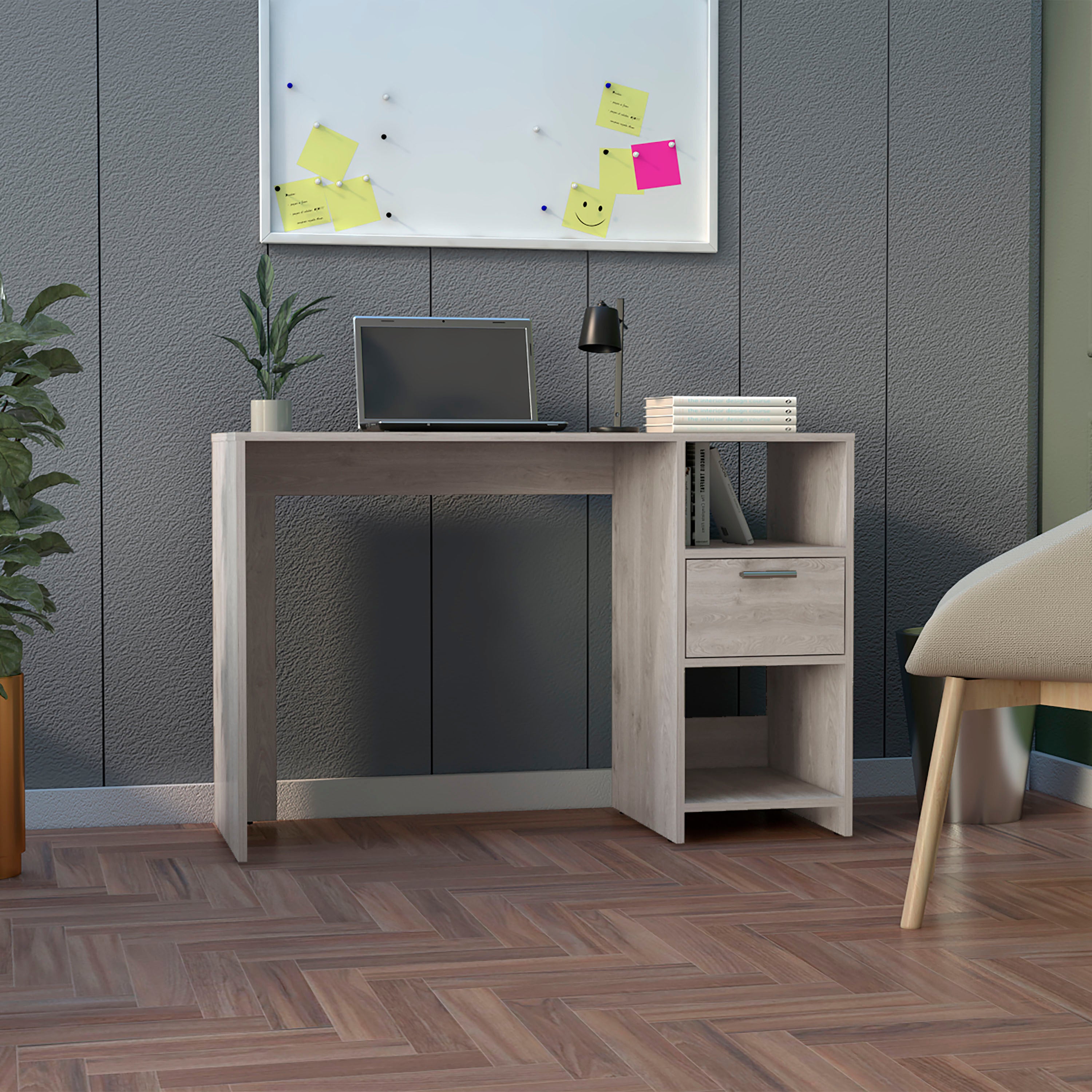 Computer Desk With 1 Drawer And 2 Open Storage Shelves, Light Gray Gra