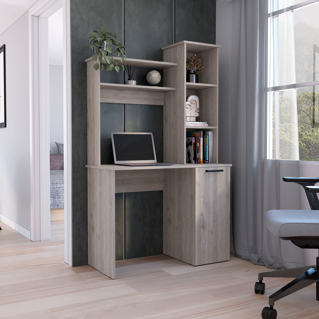 Muncy Computer Desk With Large Work Surface, Hutch Storage And Single Door Cabinet With 3 Tier Shelves, Light Gray Gray Particle Board Particle Board