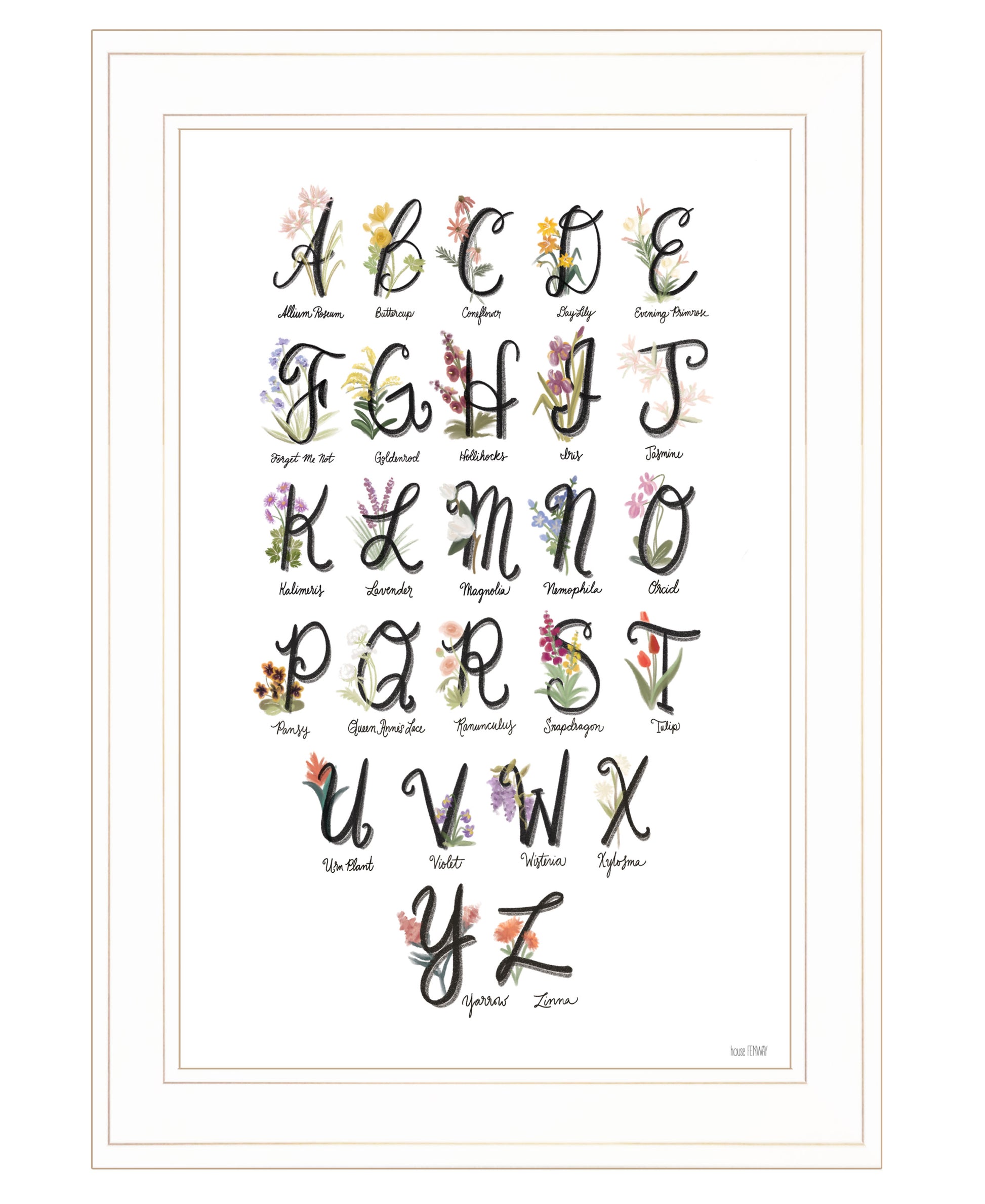 "Flower Alphabet" By House Fenway, Ready To Hang Framed Print, White Frame Multicolor Paper