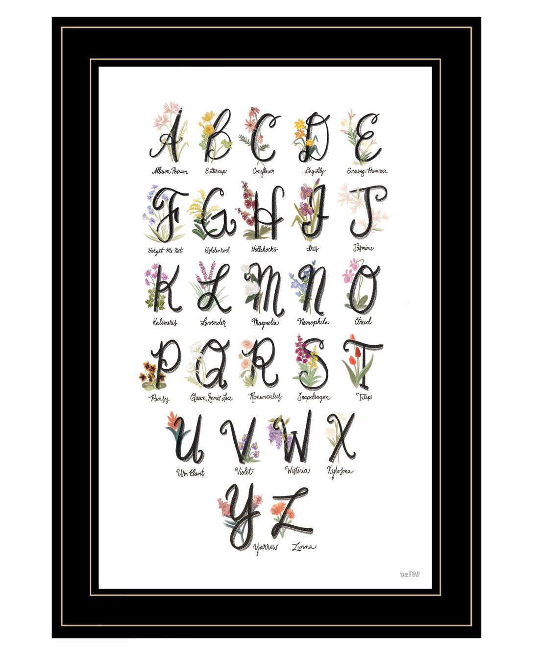 "Flower Alphabet" By House Fenway, Ready To Hang Framed Print, Black Frame Multicolor Paper