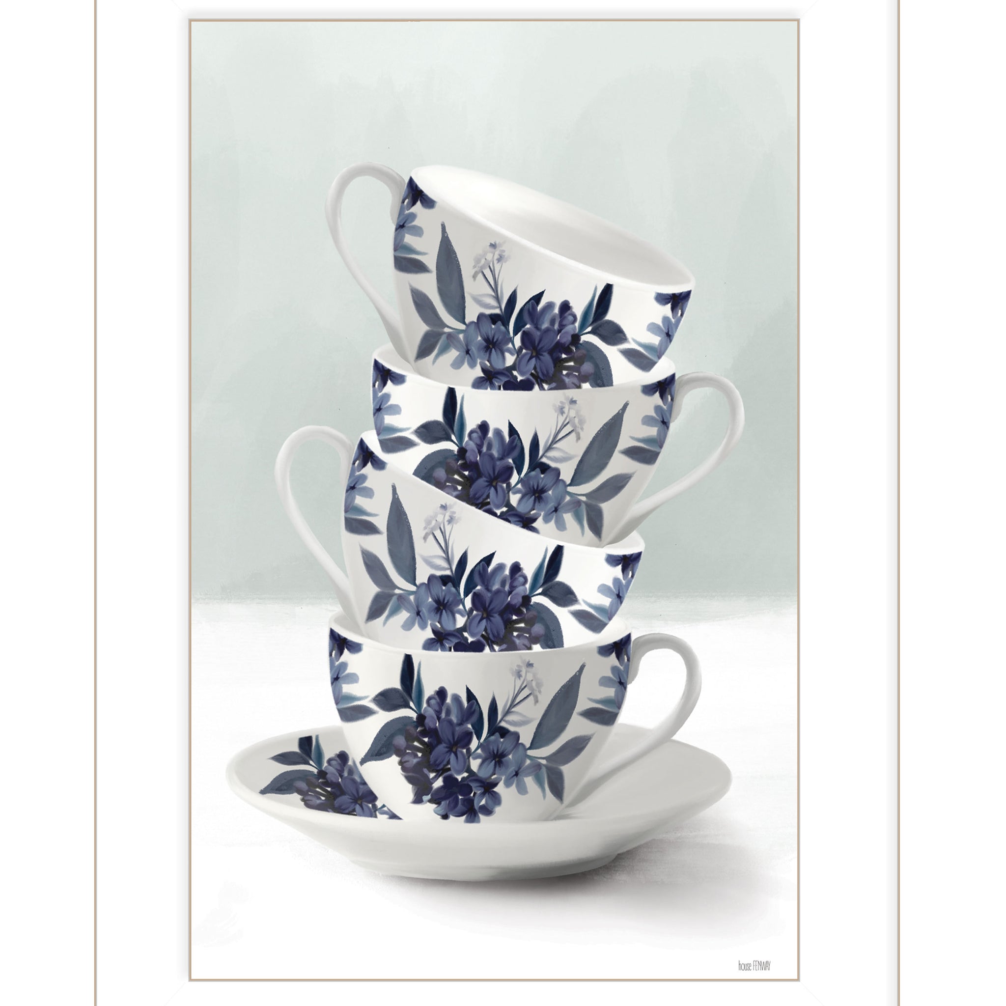 "Tea Tower Blue " By House Fenway, Ready To Hang Framed Print, White Frame Multicolor Paper