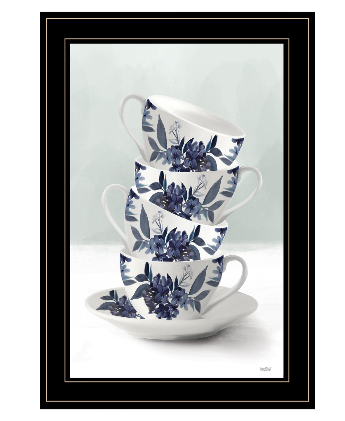 "Tea Tower Blue " By House Fenway, Ready To Hang Framed Print, Black Frame Multicolor Paper