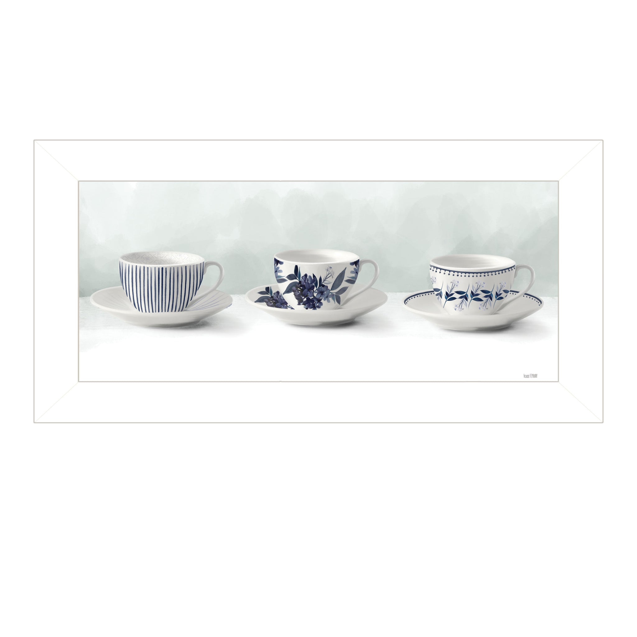 "Cups & Saucers" By House Fenway, Ready To Hang Framed Print, White Frame Multicolor Paper