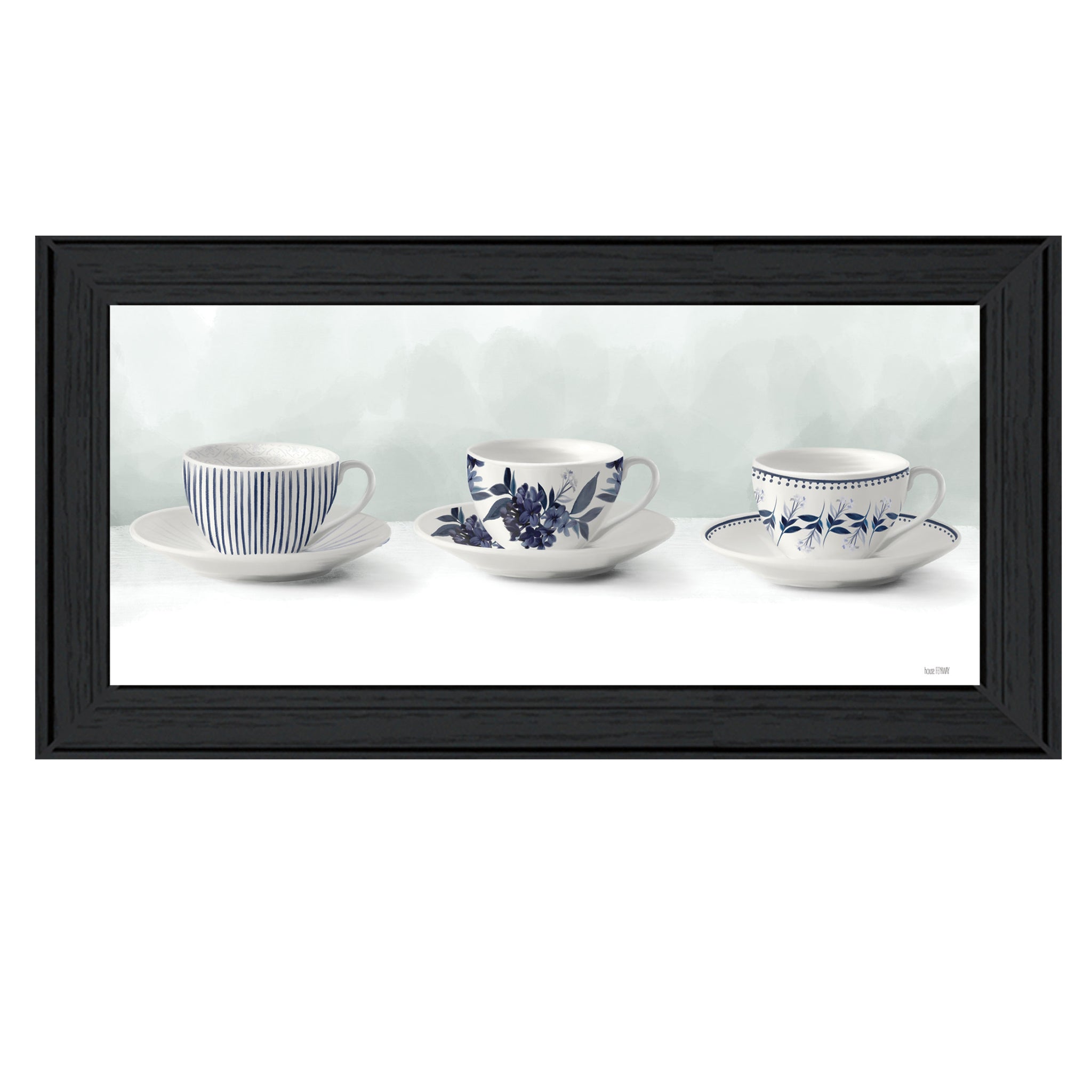 "Cups & Saucers" By House Fenway, Ready To Hang Framed Print, Black Frame Multicolor Paper