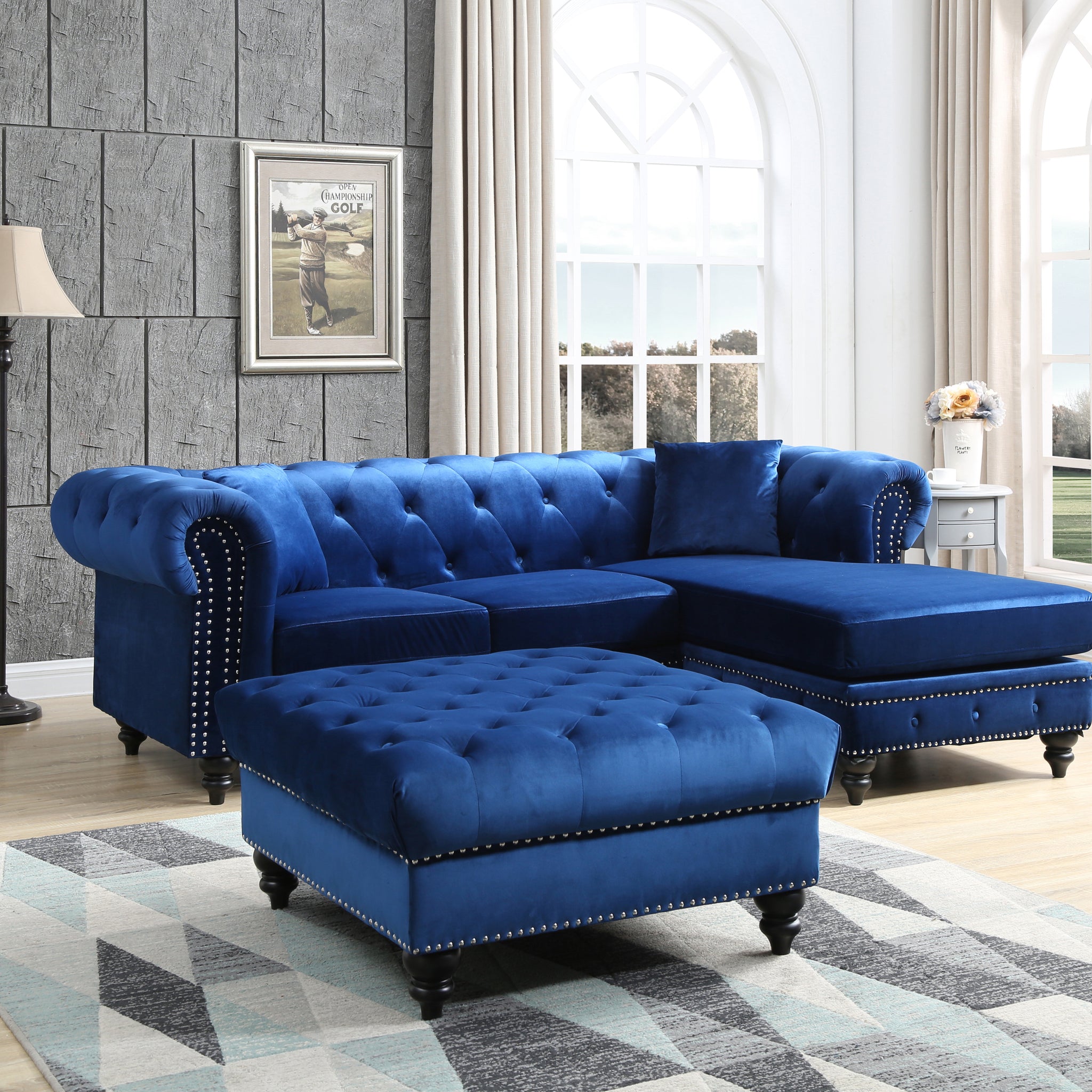 Nola G0351B Sc Sofa Chaise 3 Boxes Navy Blue Navy Blue Foam Velvet