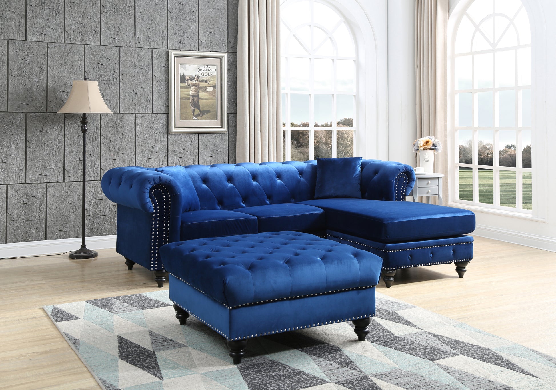 Nola G0351B Sc Sofa Chaise 3 Boxes Navy Blue Navy Blue Foam Velvet