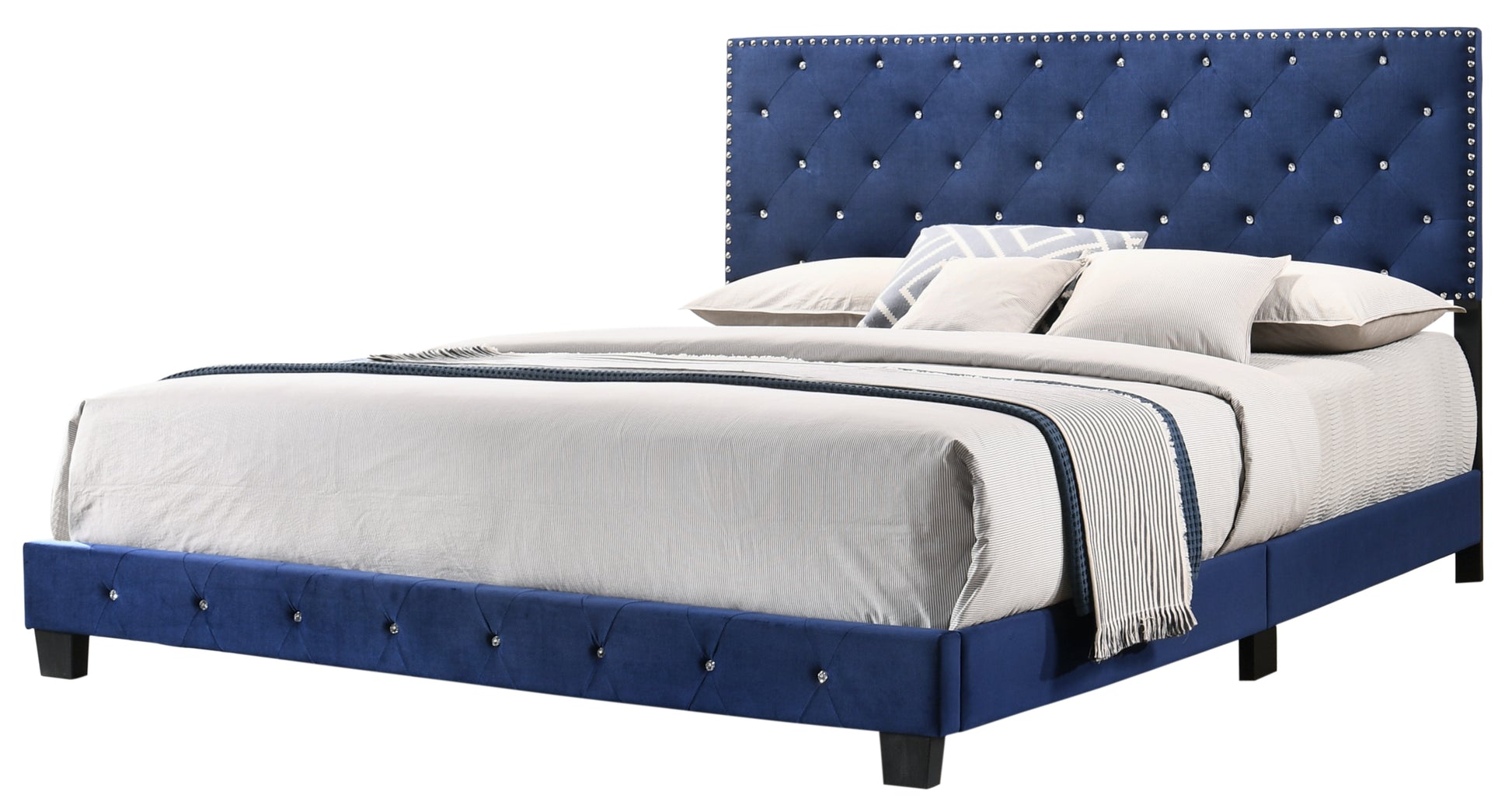 Elegant Transitional Navy Blue King Bed Navy Blue Foam Velvet