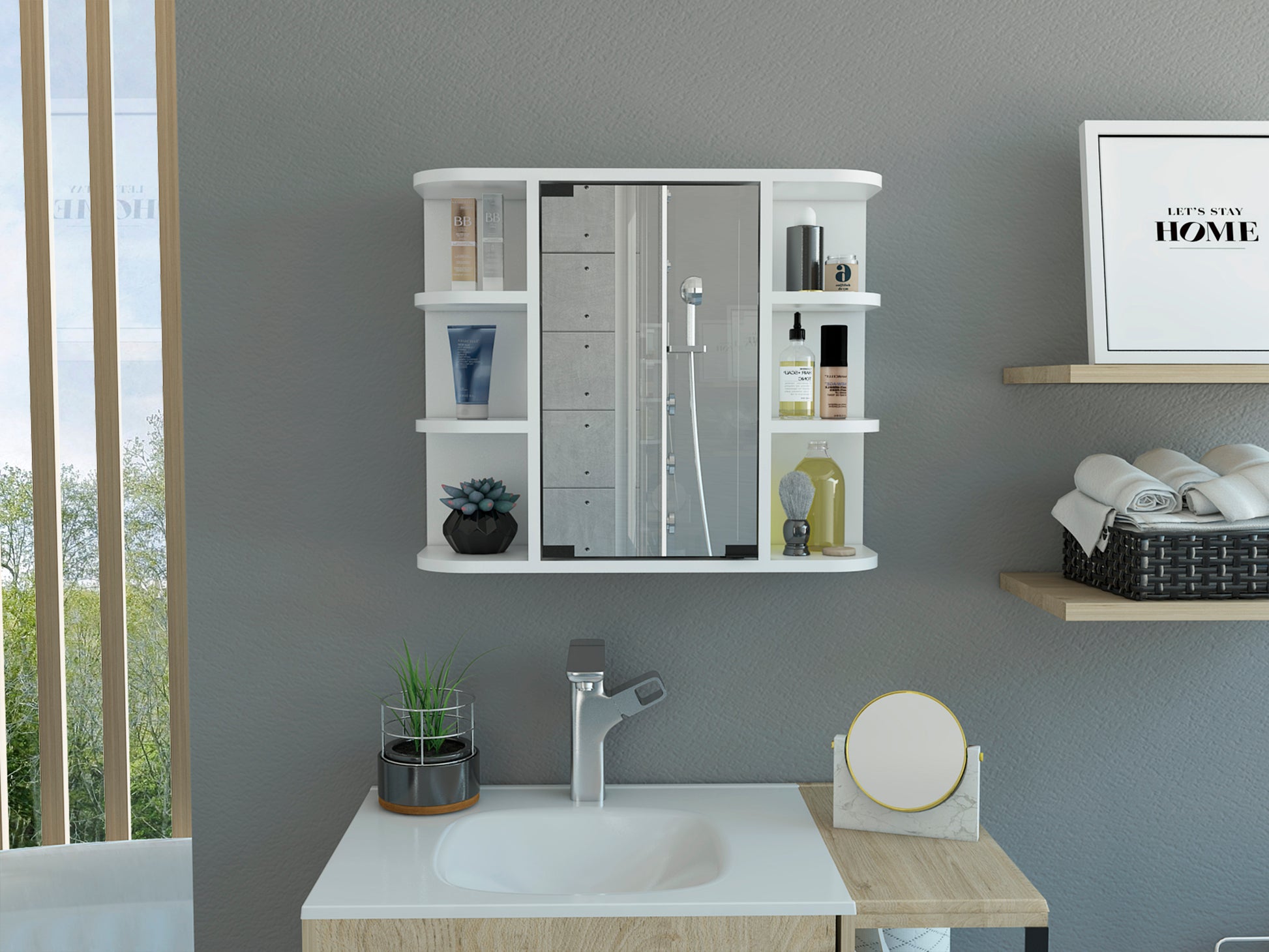 Milan Medicine Cabinet, Six External Shelves Mirror white-particle board-particle board