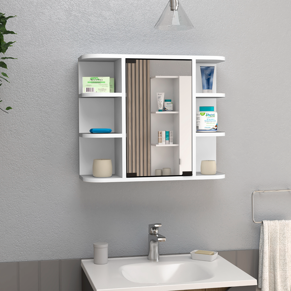 Mirrored 19H" Medicine Cabinet, Six External Shelves, Three Interior Shelves, White White Particle Board Particle Board