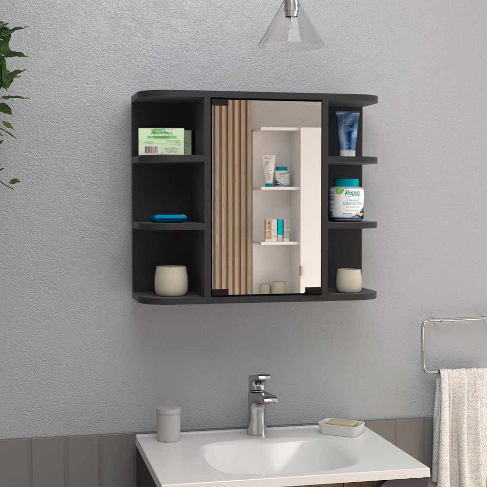 Mirrored 19H" Medicine Cabinet, Six External Shelves black-particle board-particle board