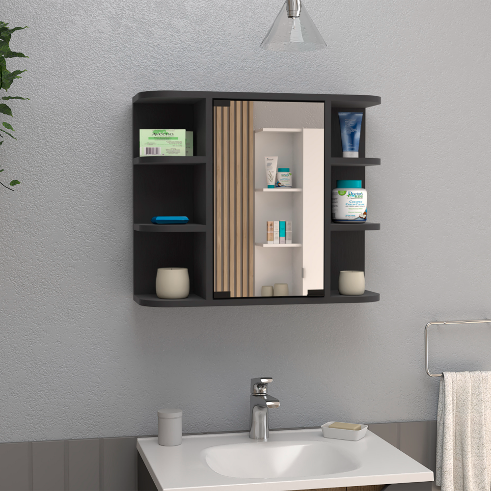 Medicine Cabinet 19" H, Six External Shelves, Three Interior Shelves, Black Black Particle Board Particle Board