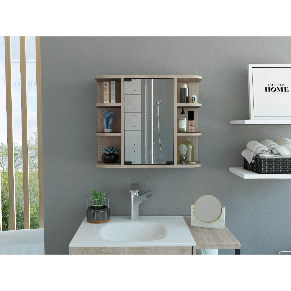 Mirrored 19H" Medicine Cabinet, Six External Shelves, Three Interior Shelves, Light Gray Gray Particle Board Particle Board