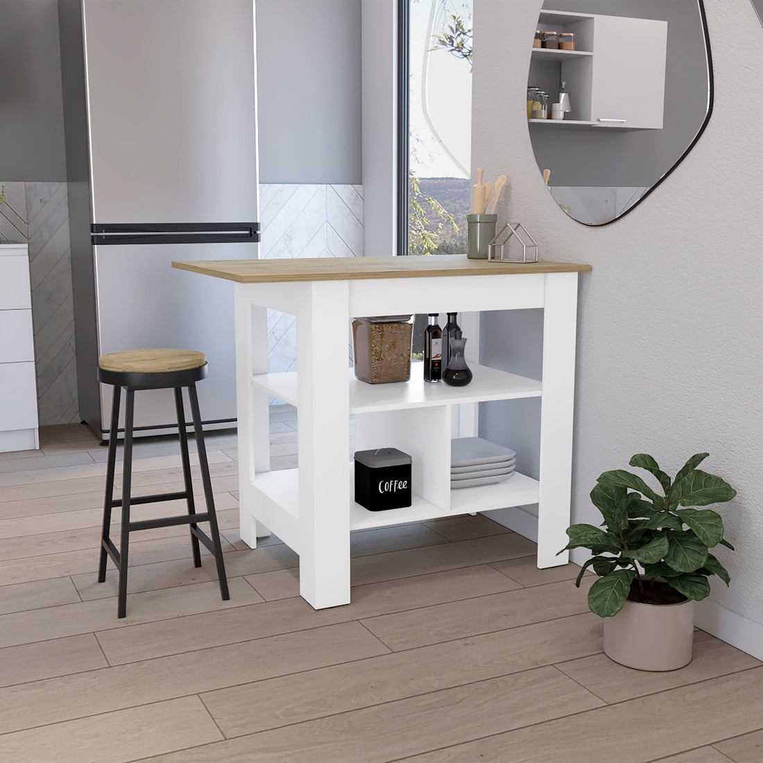 Kitchen Island, Kitchen Table 35" H, 3 Open Shelves, White Macadamia Multicolor Particle Board Particle Board
