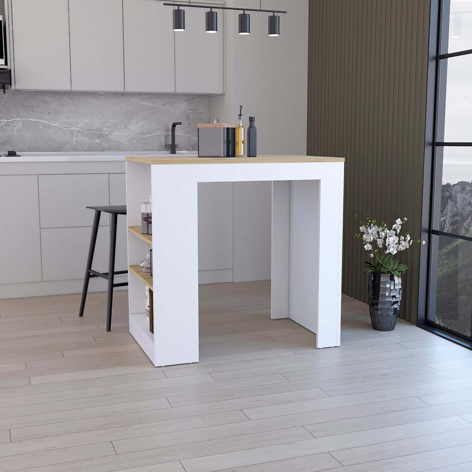 Kitchen Island, Kitchen Bar Table 36" H, With 3 Side Shelves, White Macadamia Multicolor Particle Board Particle Board