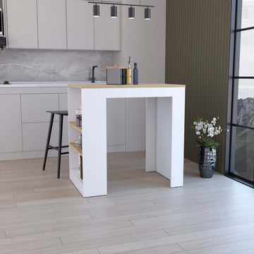 Kitchen Island, Kitchen Bar Table 36" H, With 3 Side Shelves, White Macadamia Multicolor Particle Board Particle Board