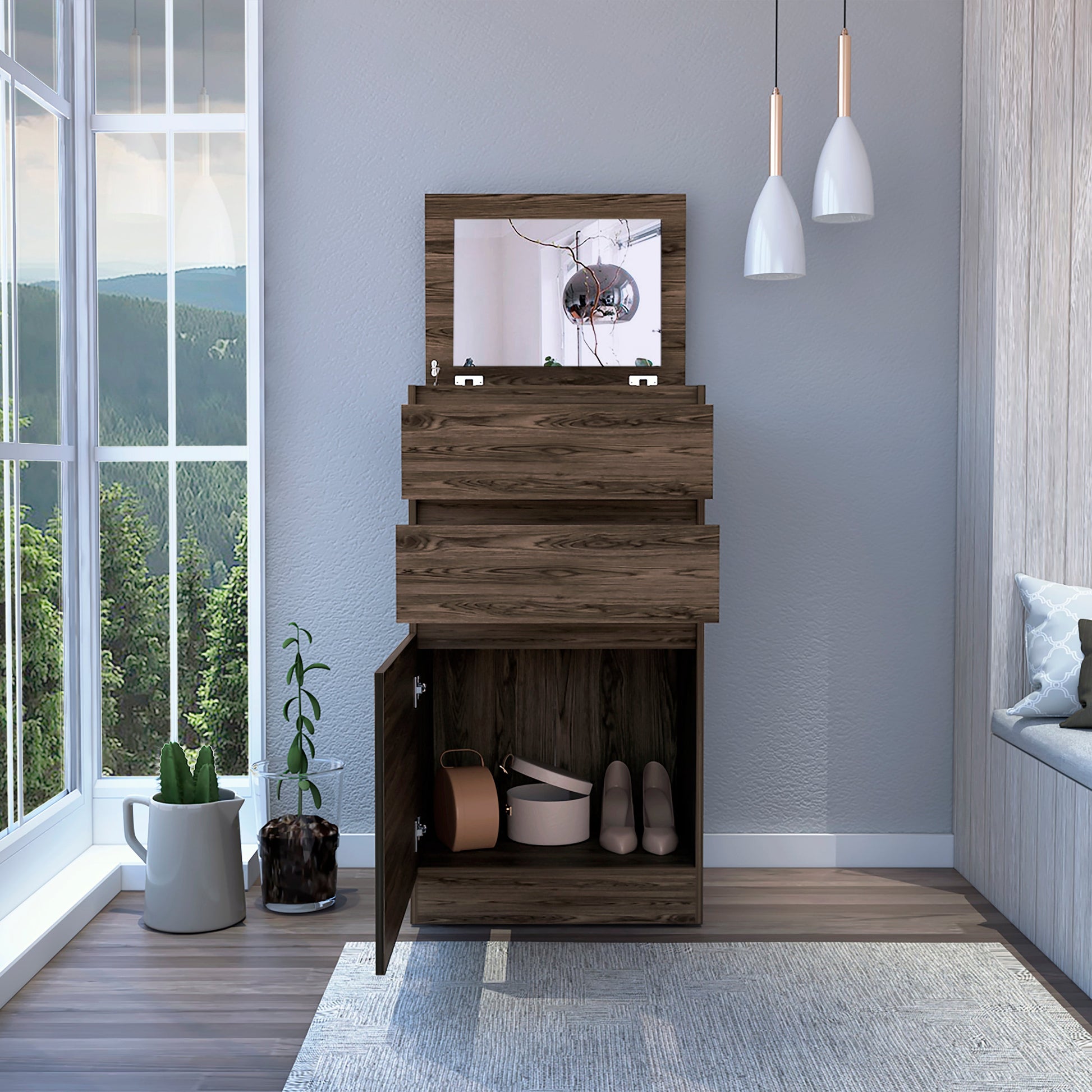 Depot E Shop Diamond Dresser, Jewelry Box, Mirror, Single Door Cabinet, Two Drawers, Dark Walnut Brown Particle Board Particle Board