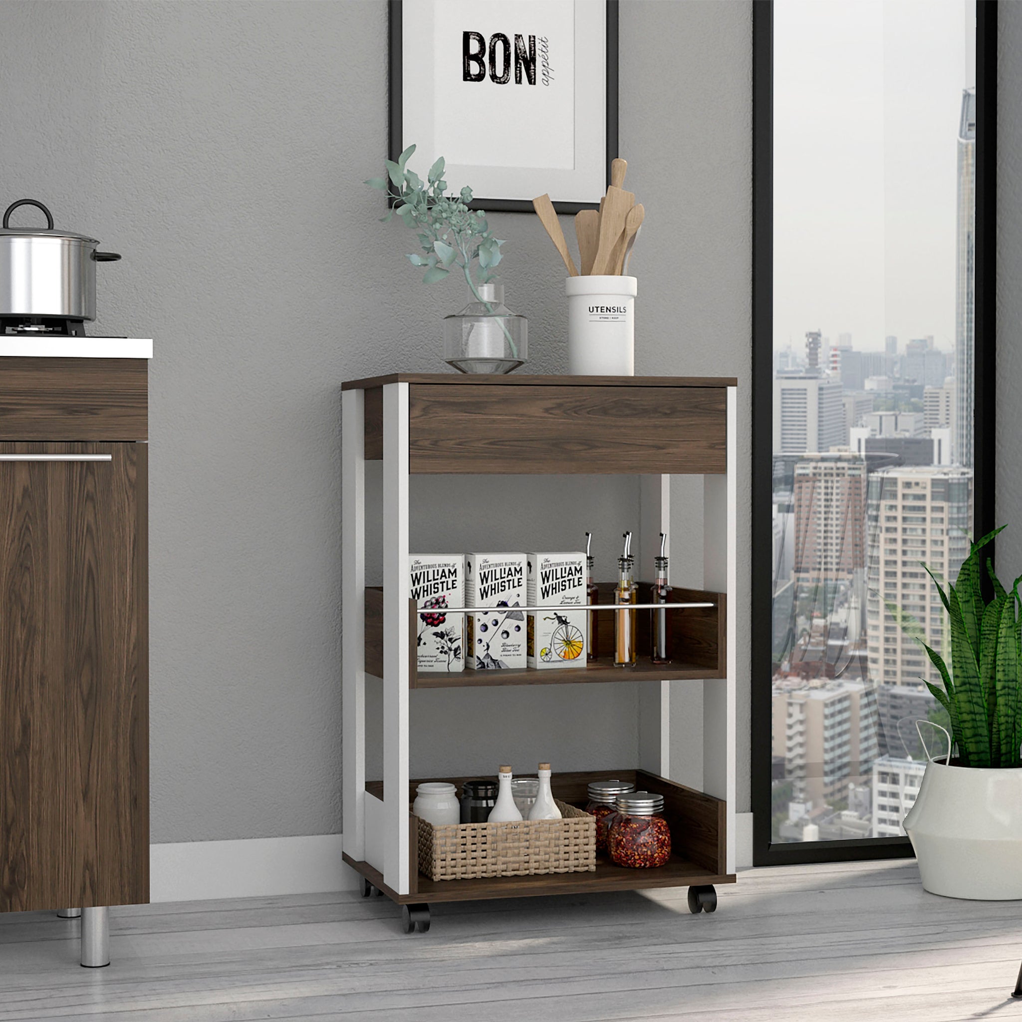 Verona Kitchen Cart, Three Shelves, Four Casters