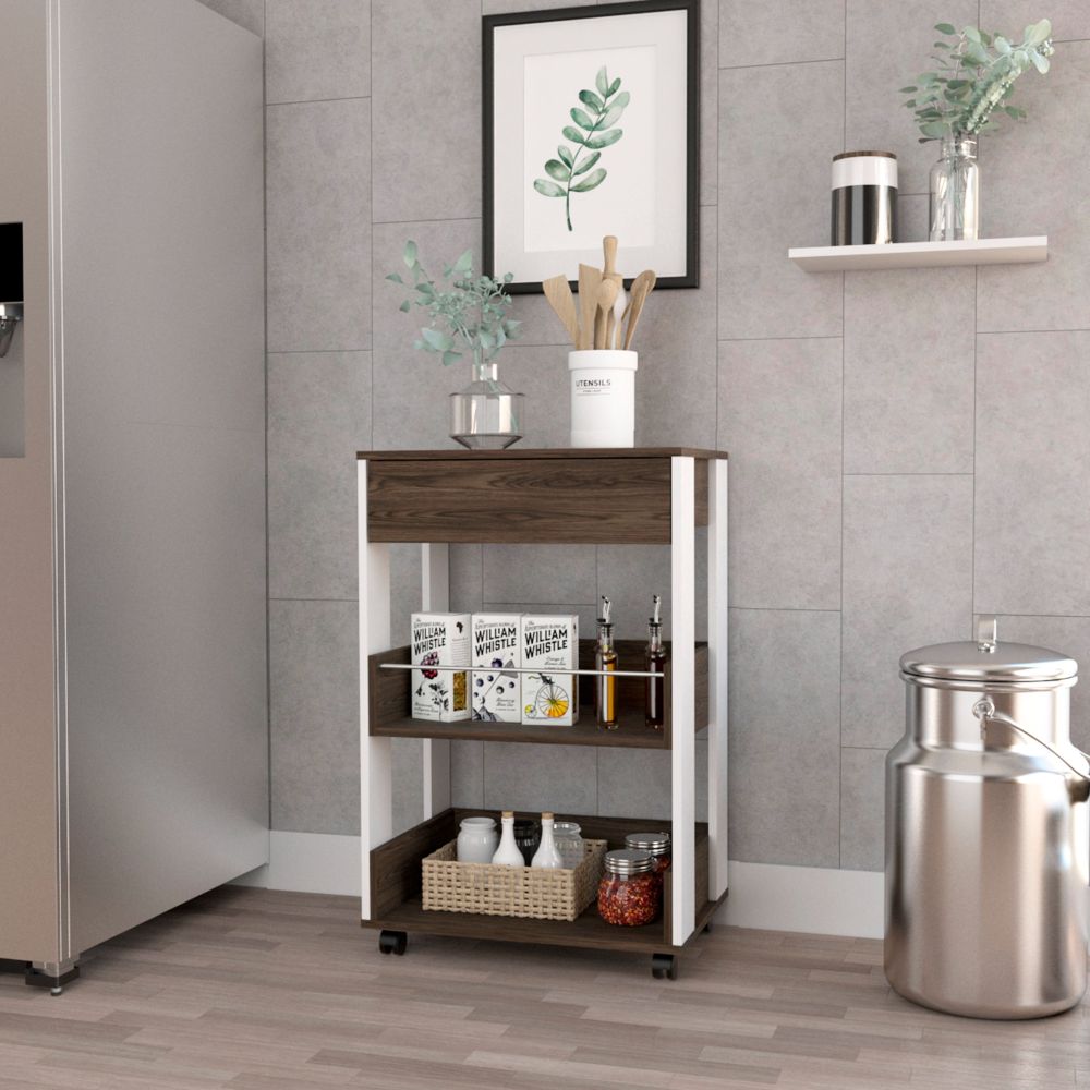 Modern Kitchen Cart 35" H, Four Casters, Three Shelves, White Dark Walnut Multicolor Particle Board Particle Board