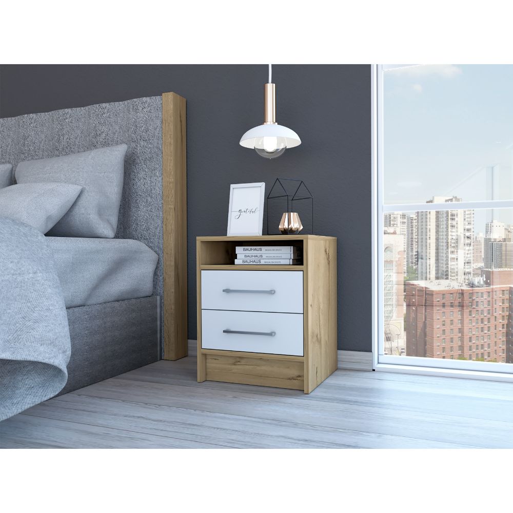 Eter Nightstandend Table, Side Table Superior Top, Two Drawers White Light Oak Multicolor Particle Board Particle Board