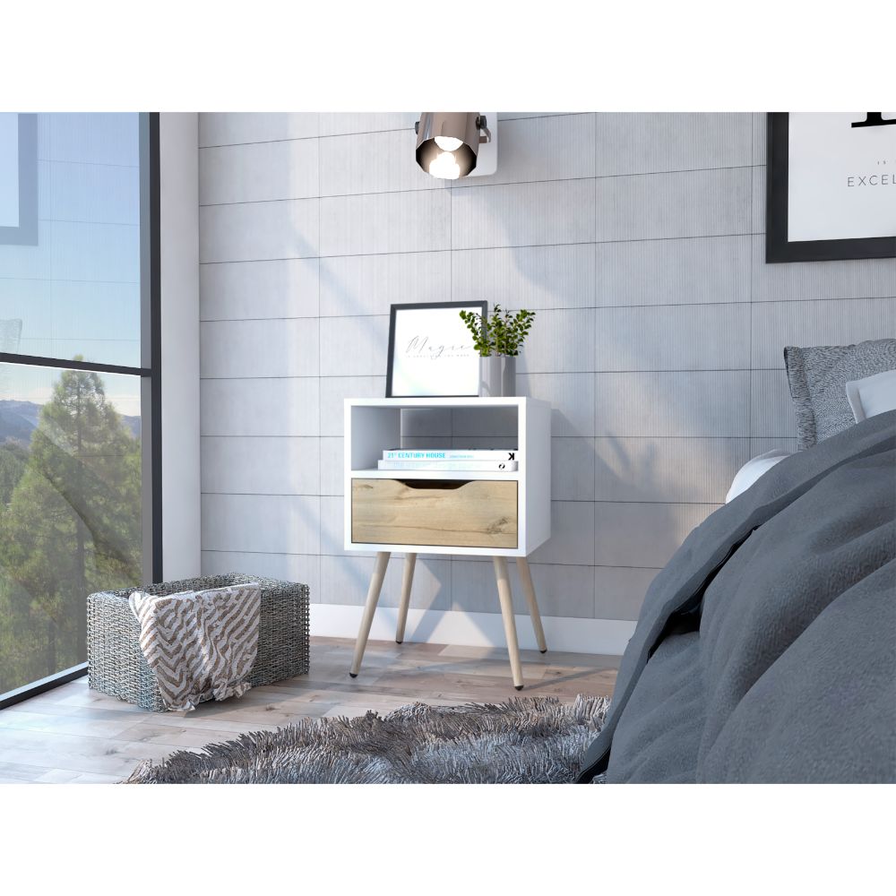 Otom Nightstandsuperior Top, One Open Shelf, One Drawer, Four Legs White Light Oak Multicolor Particle Board Particle Board