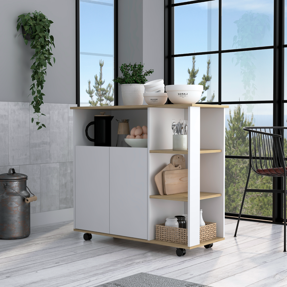 Kitchen Cart 35" H, Four Open Shelves, Double Door Cabinet, Four Casters Light Oak White Multicolor Particle Board Particle Board