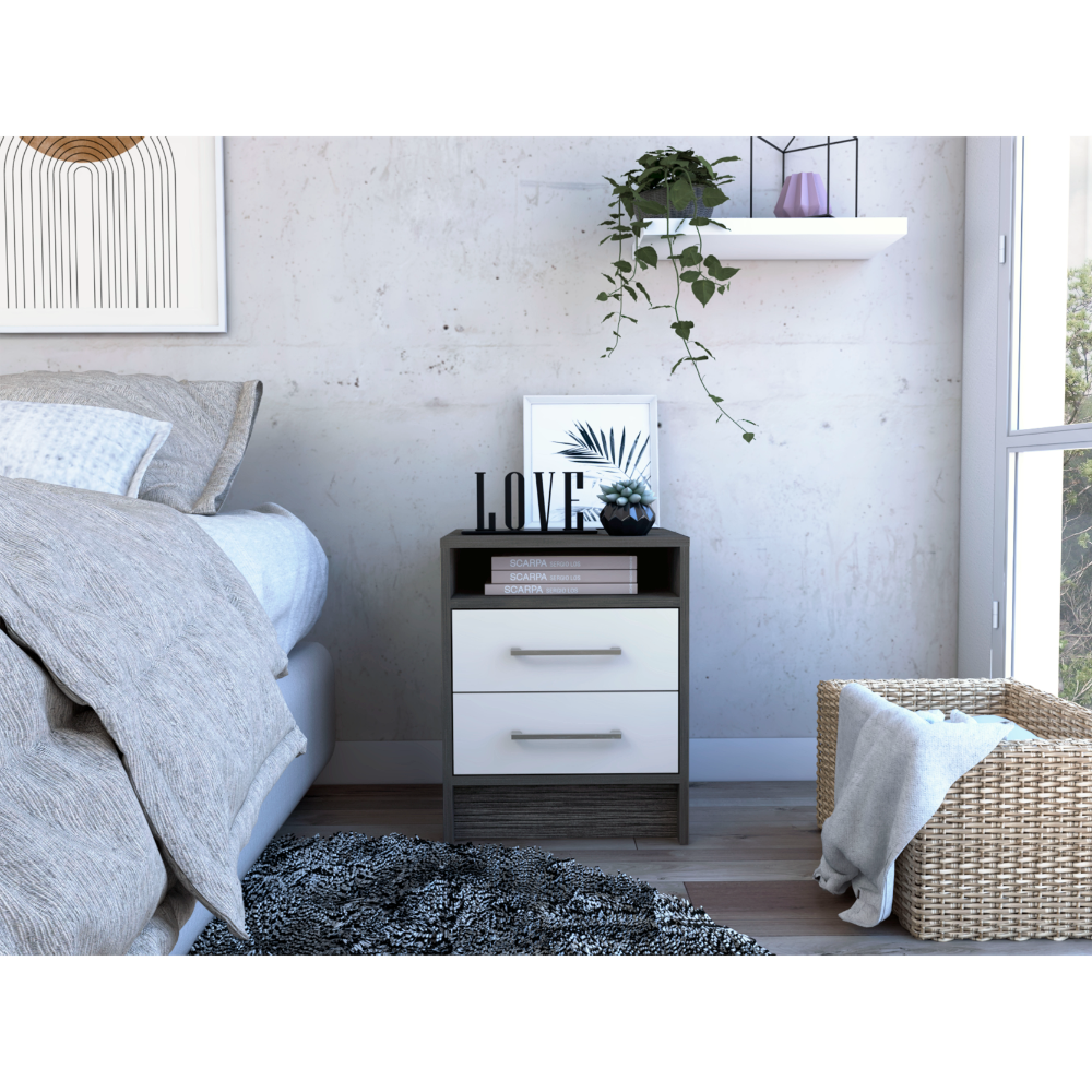 Nightstand 20"H, Two Drawers, Superior Top, Metal Handles, Smokey Oak White Multicolor Particle Board Particle Board