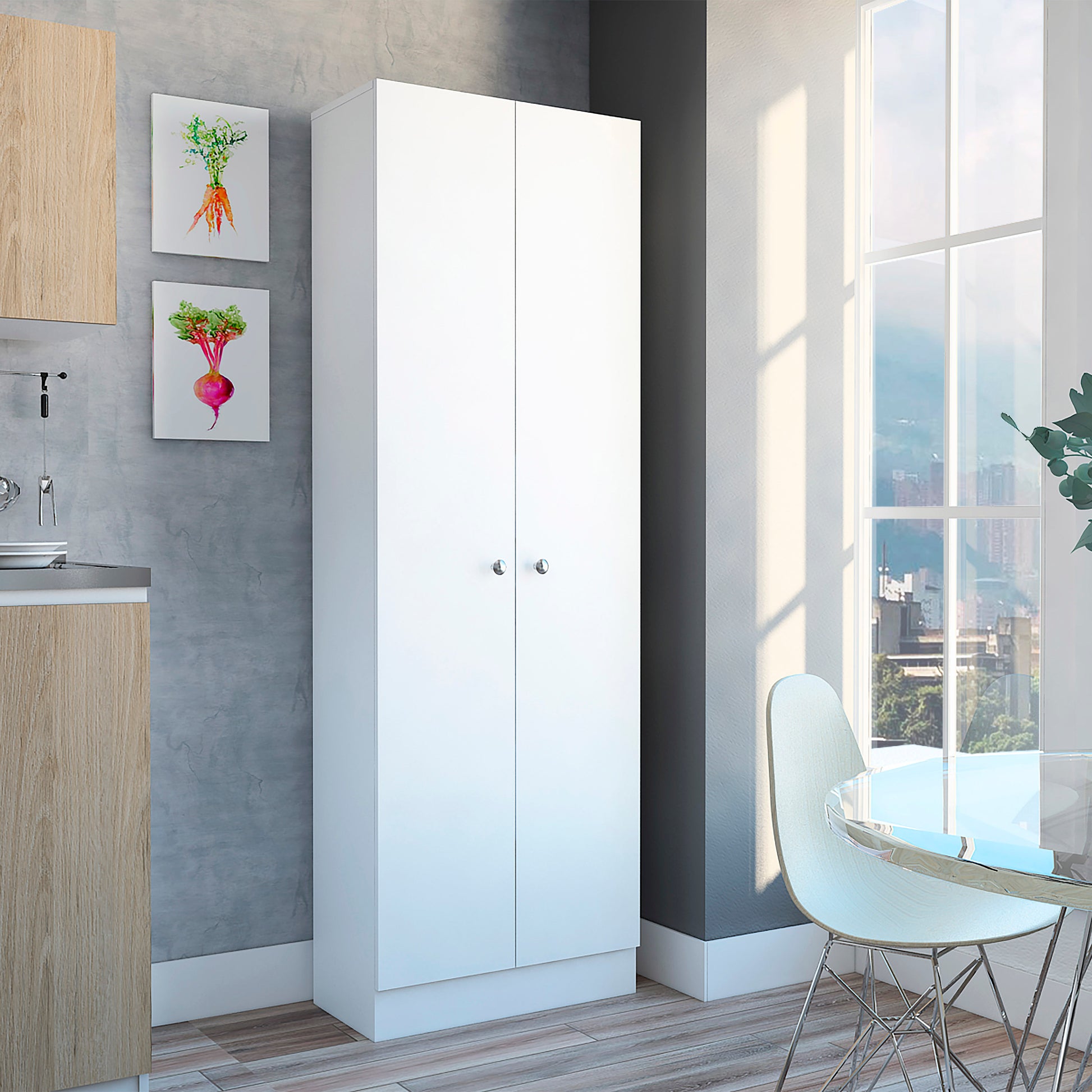 Multistorage Pantry Cabinet, Five Shelves, Double Door Cabinet White White Dining Room Modern Particle Board Particle Board
