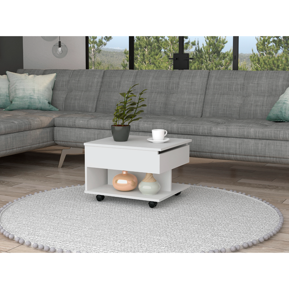Lift Top Coffee Table, Casters, One Shelf, White White Particle Board Particle Board