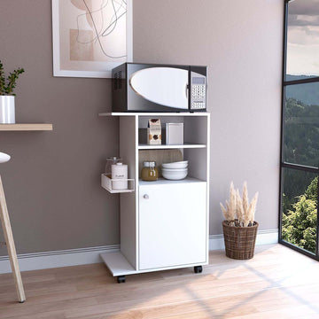 Modern Kitchen Cart 39" H, Single Door Cabinet, Four Wheels, One Side Shelf, White White Particle Board Particle Board