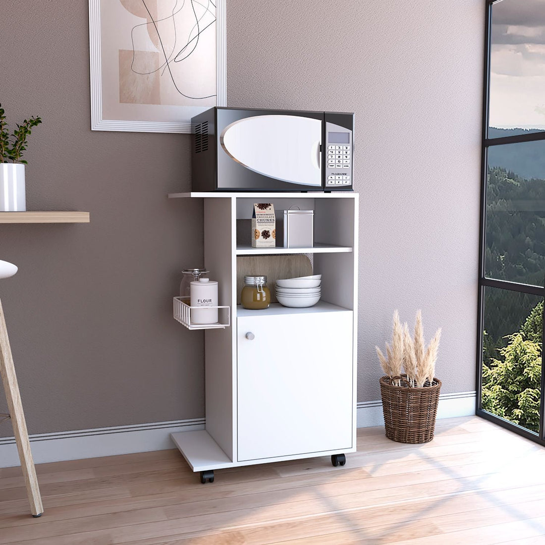 Modern Kitchen Cart 39" H, Single Door Cabinet, Four Wheels, One Side Shelf, White White Particle Board Particle Board
