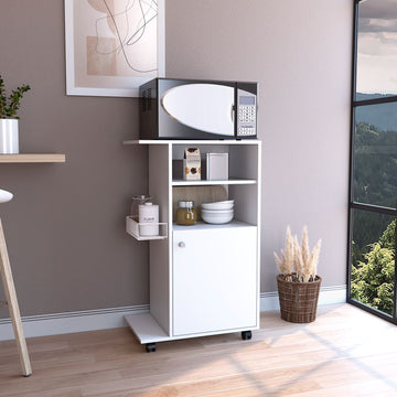 Modern Kitchen Cart 39" H, Single Door Cabinet, Four Wheels, One Side Shelf, White White Particle Board Particle Board