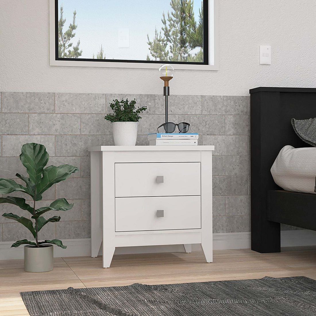 Nightstand 24"H, Two Drawers, Four Legs, Superior Top, White White Particle Board Particle Board