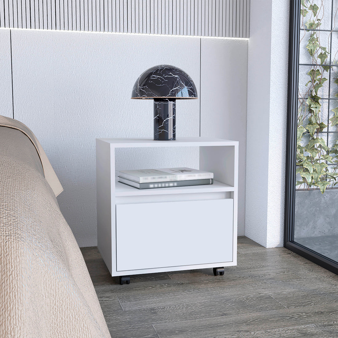 Nightstand 20"H, With One Open Shelf, 1 Drawer And Casters, White White Particle Board Particle Board