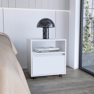 Nightstand 20"H, With One Open Shelf, 1 Drawer And Casters, White White Particle Board Particle Board