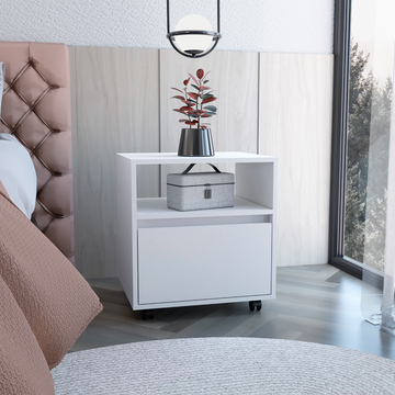 Austin Nightstandend Table, Side Table Casters, Single Drawer White White 1 Drawer Bedroom Rectangle Modern Shelf Particle Board Particle Board