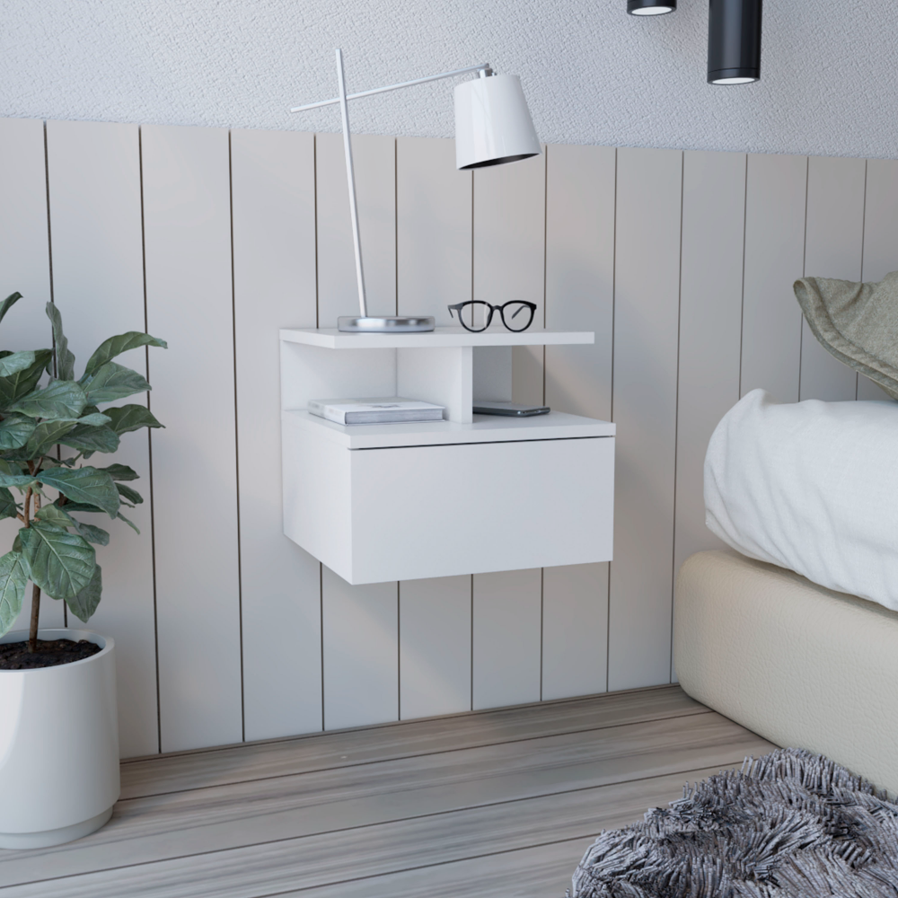 Adele Floating Nightstandend Table, Side Table Drawer, Open Top Shelves White White 1 Drawer Bedroom Floating Modern Shelf Particle Board Particle Board