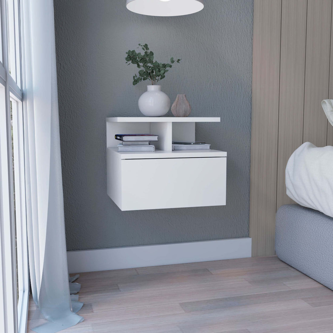 Floating Nightstand 12"H, Wall Mounted With Single Drawer And 2 Tier Shelf, White White Particle Board Particle Board