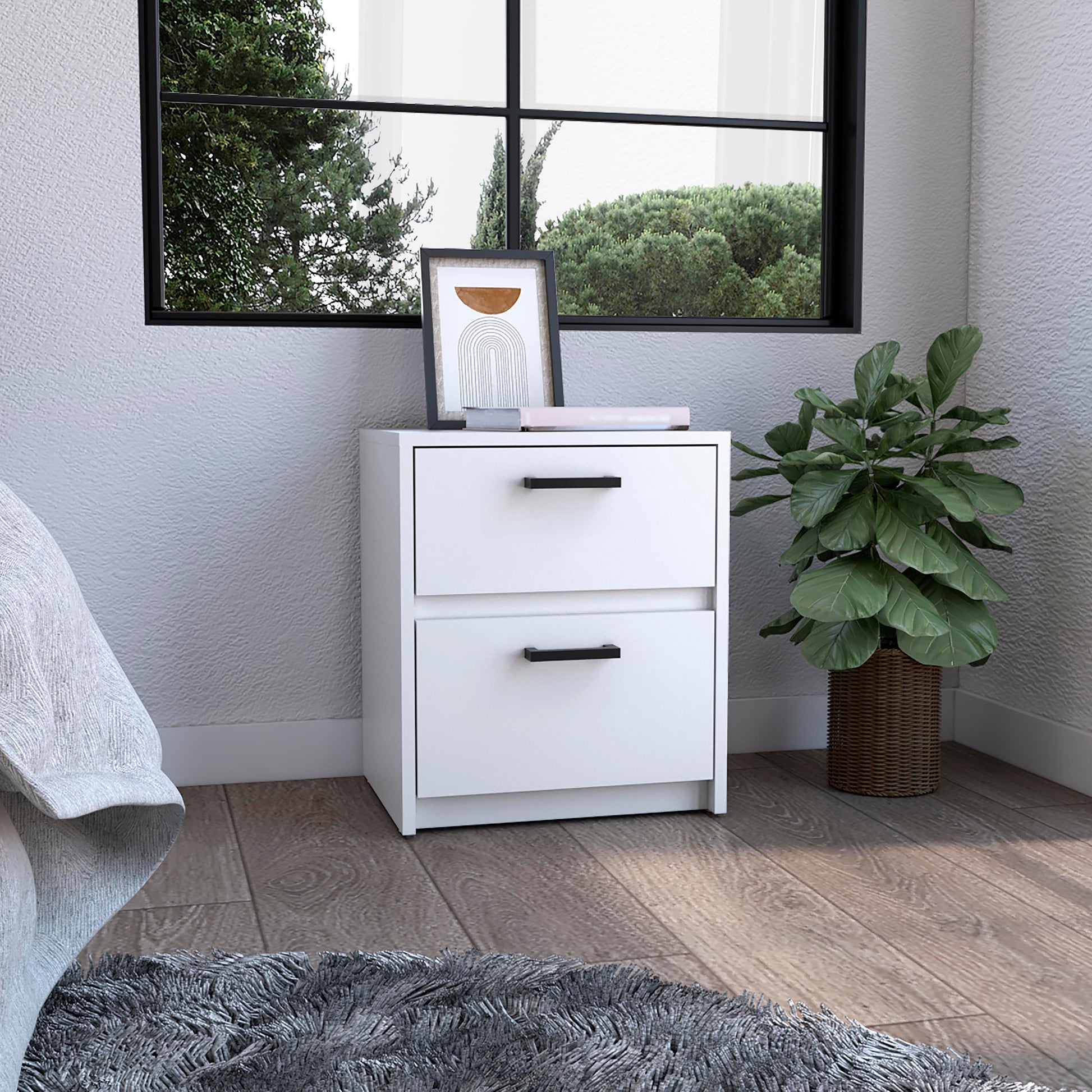 Nightstand 18"H2 Drawers With Metal Handles, White White Particle Board Particle Board