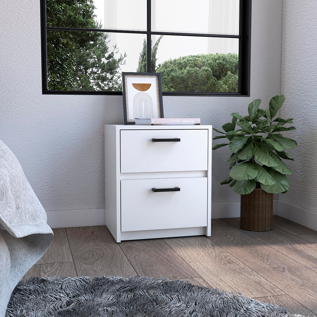 Nightstand 18"H2 Drawers With Metal Handles, White White Particle Board Particle Board