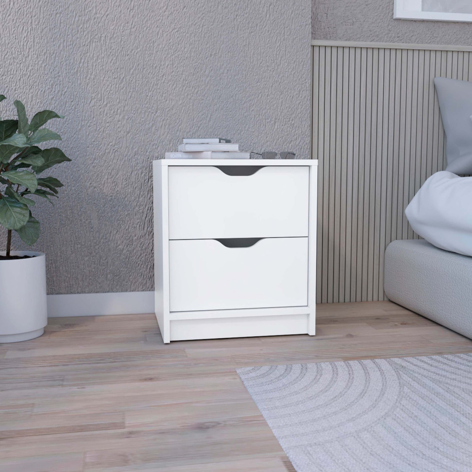 Double Drawer Nightstand 19"H, Bedside Table, White White Particle Board Particle Board