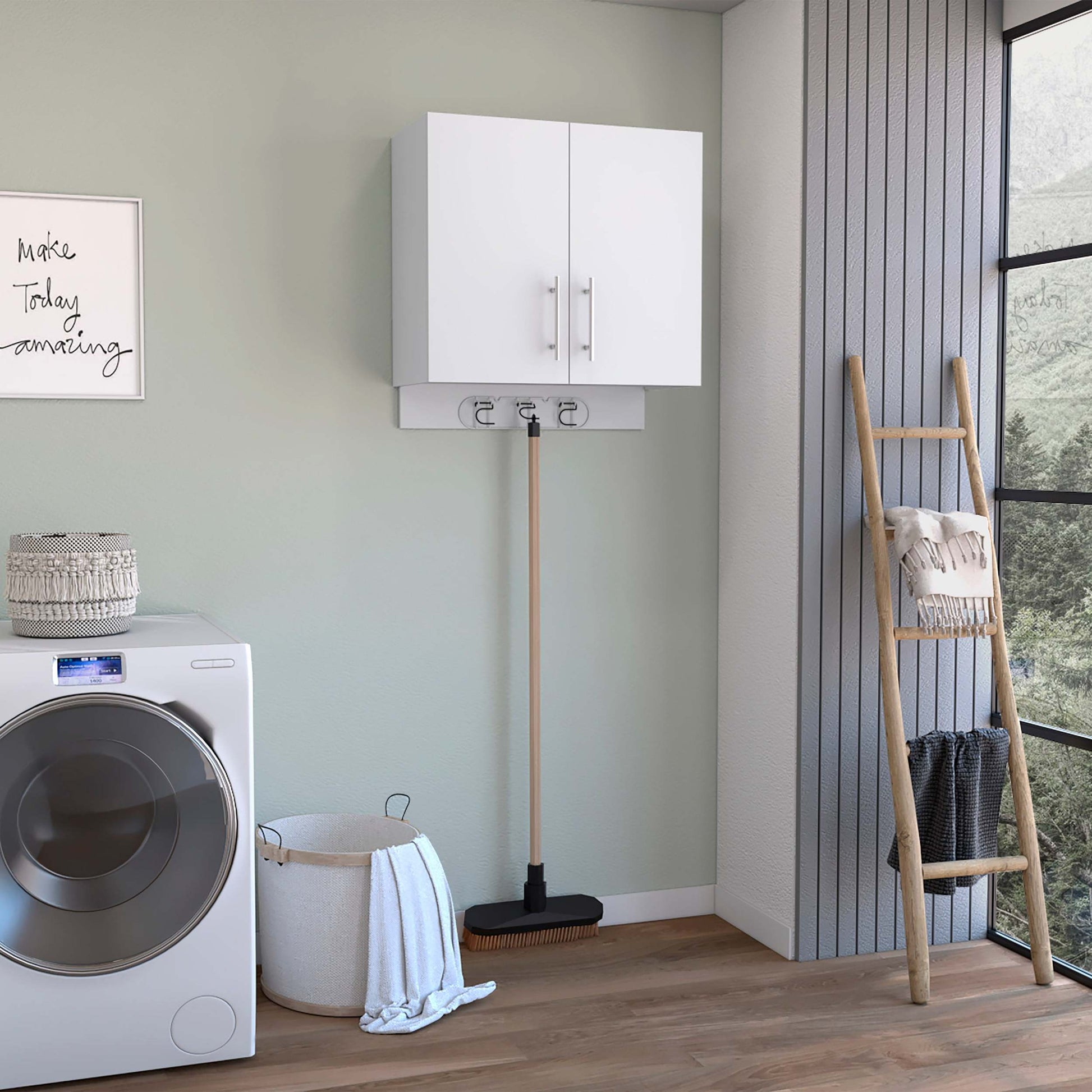 Wall Cabinet 27" H, Three Broom Hangers And Metal Handles, Two Internal Shelves, Two Doors, White White Particle Board Particle Board