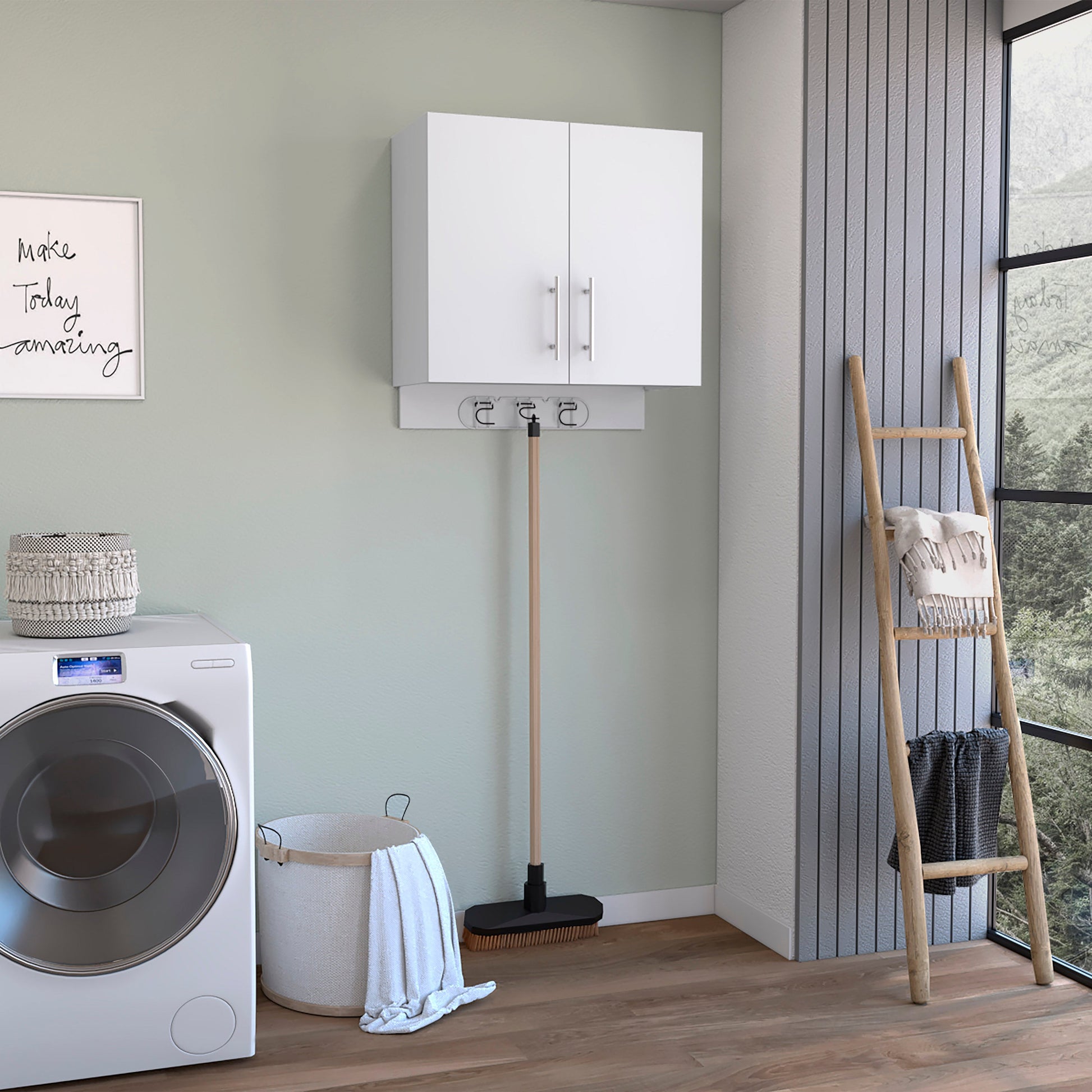 Wall Cabinet 27" H, Three Broom Hangers And Metal Handles, Two Internal Shelves, Two Doors, White White Particle Board Particle Board