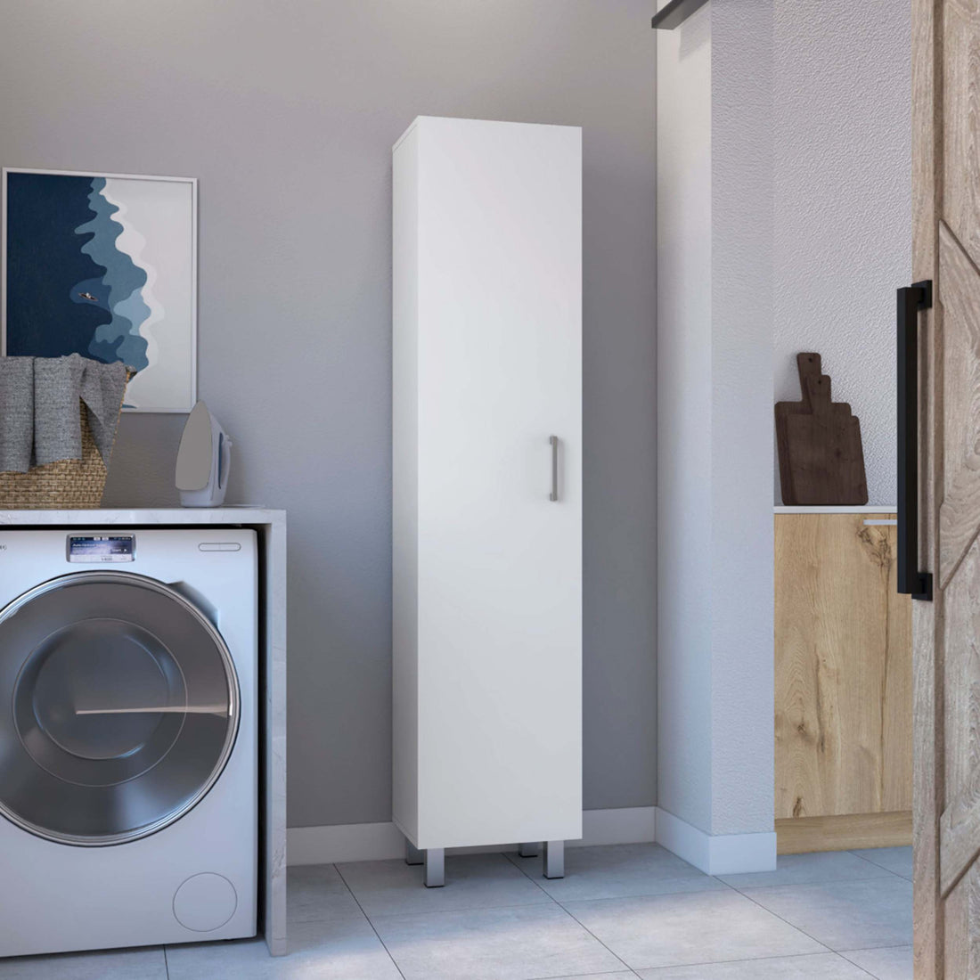 Storage Cabinet 71" H, Four Internal Shelves, Three Broom Hangers, White White Particle Board Particle Board