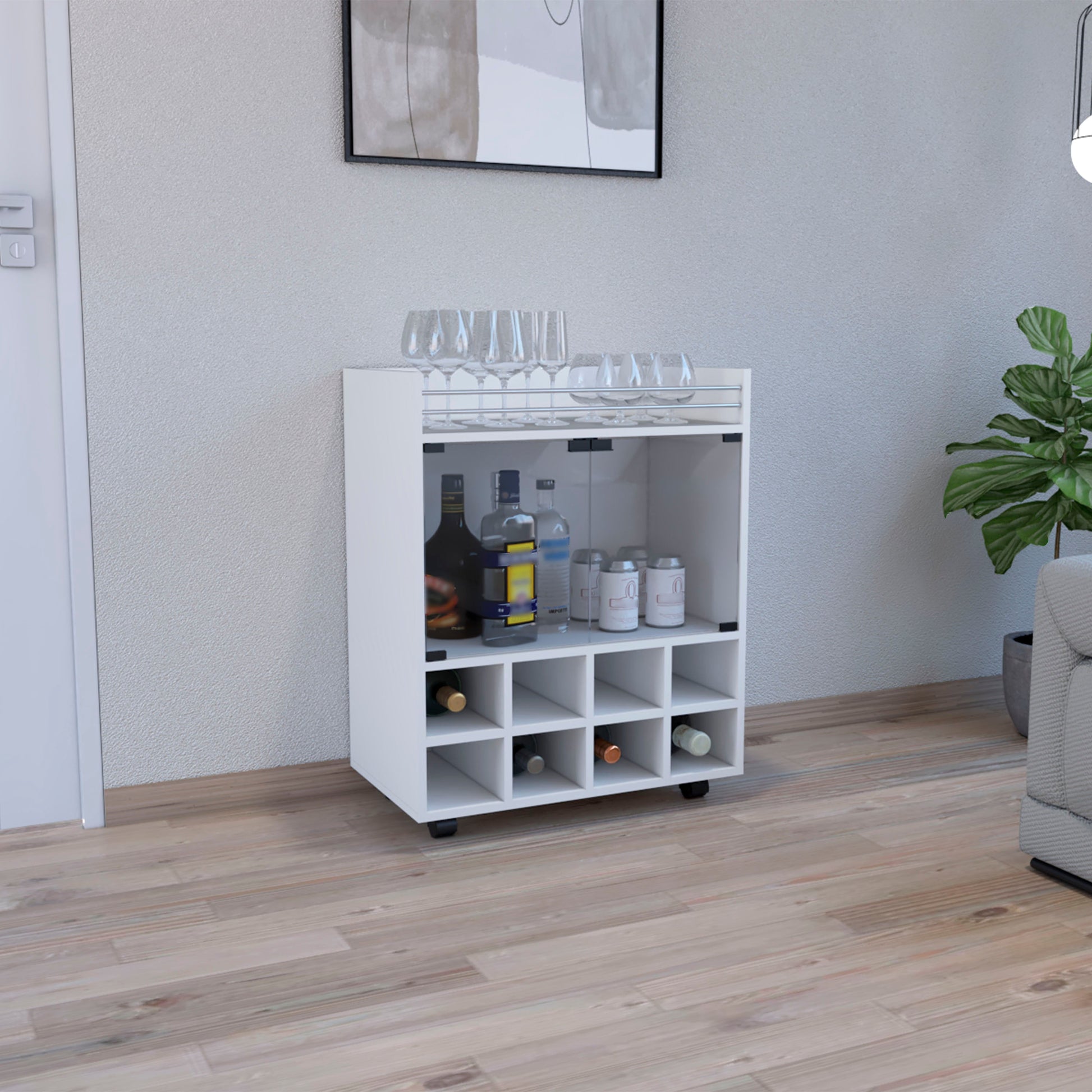32" H White Bar Coffee Cart, Kitchen Or Living Room Cabinet Storage With 4 Wheels, With 8 Bottle Racks, A Central Shelf Covered By 1 Glass Door, Ideal For Storing Glasses And Snacks White Particle Board Particle Board