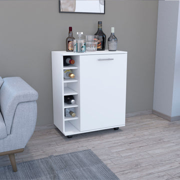 Bar Coffee Cart 32" H, Kitchen Or Living Room Cabinet Storage With 4 Wheels, With 6 Bottle Racks, A Central Shelf Covered By 1 Door, Ideal For Storing Glasses And Snacks, White White Particle Board Particle Board