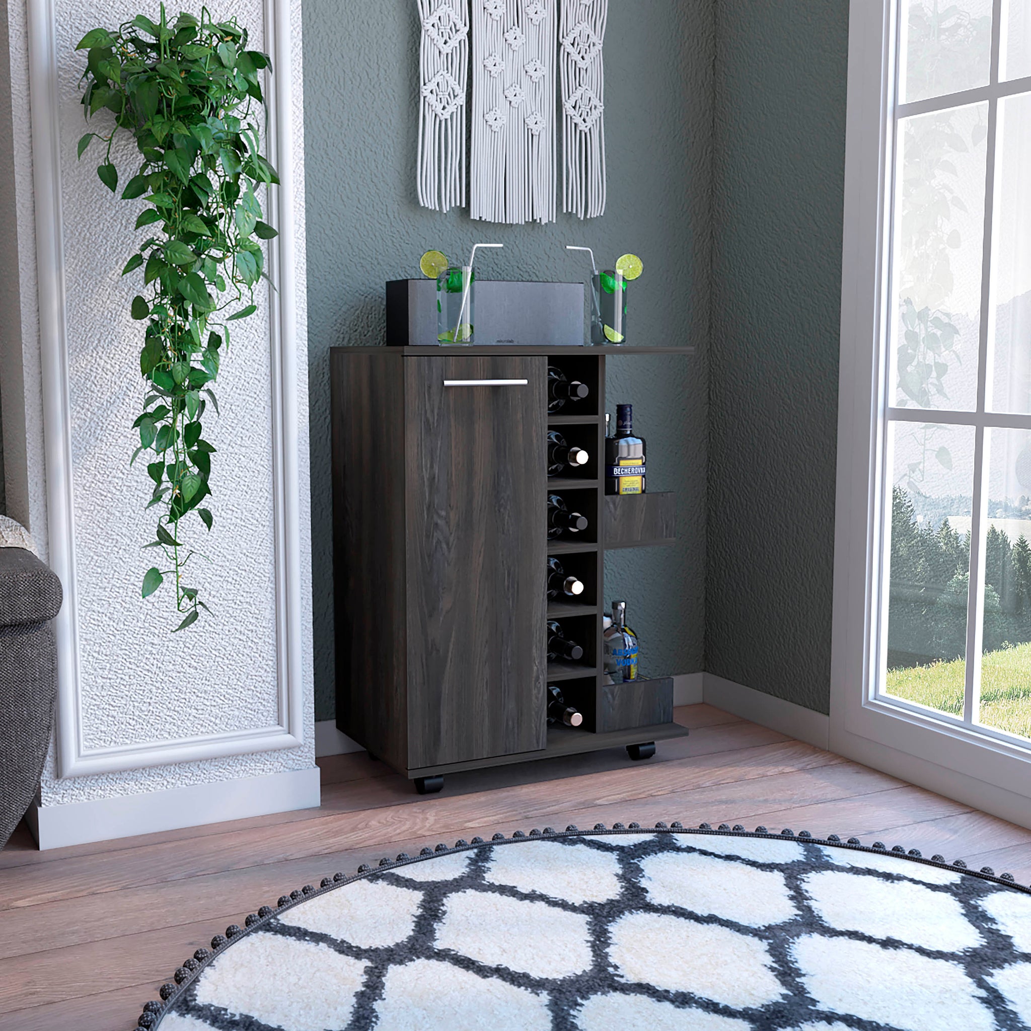 Bar Cart, Two External Shelves, Four Casters, Six Built In Wine Rack, Single Door Cabinet Espresso Brown Particle Board Particle Board