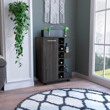 Bar Cart, Two External Shelves, Four Casters, Six Built In Wine Rack, Single Door Cabinet Espresso Brown Primary Living Space Particle Board Particle Board