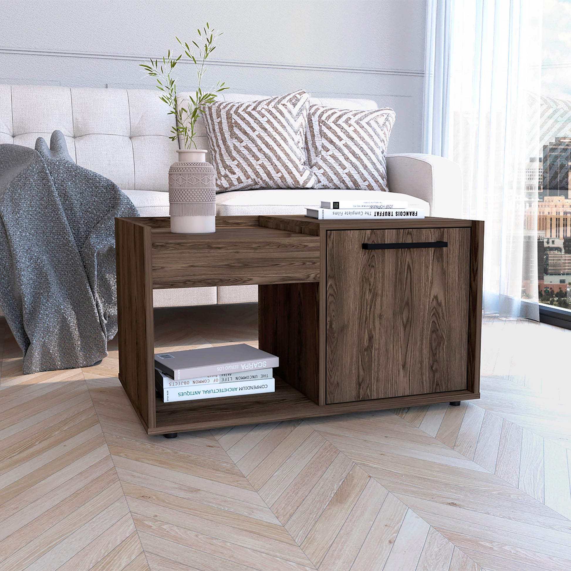 Lyon Coffee Table, Single Door Cabinet, One Open Shelf Dark Walnut Brown Particle Board Particle Board